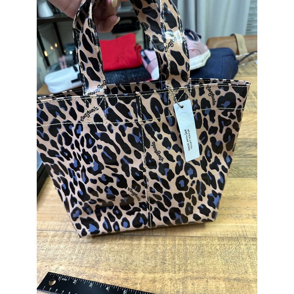 Consuela Tote Leopard Print Blue Tan Black Glossy Coated Canvas Bag NEW - Picture 6 of 7